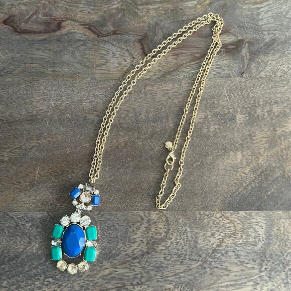 J.Crew Acrylic and Crystal Studded Peacock Blue Pendant Necklace on Gold Chain - Picture 1 of 7